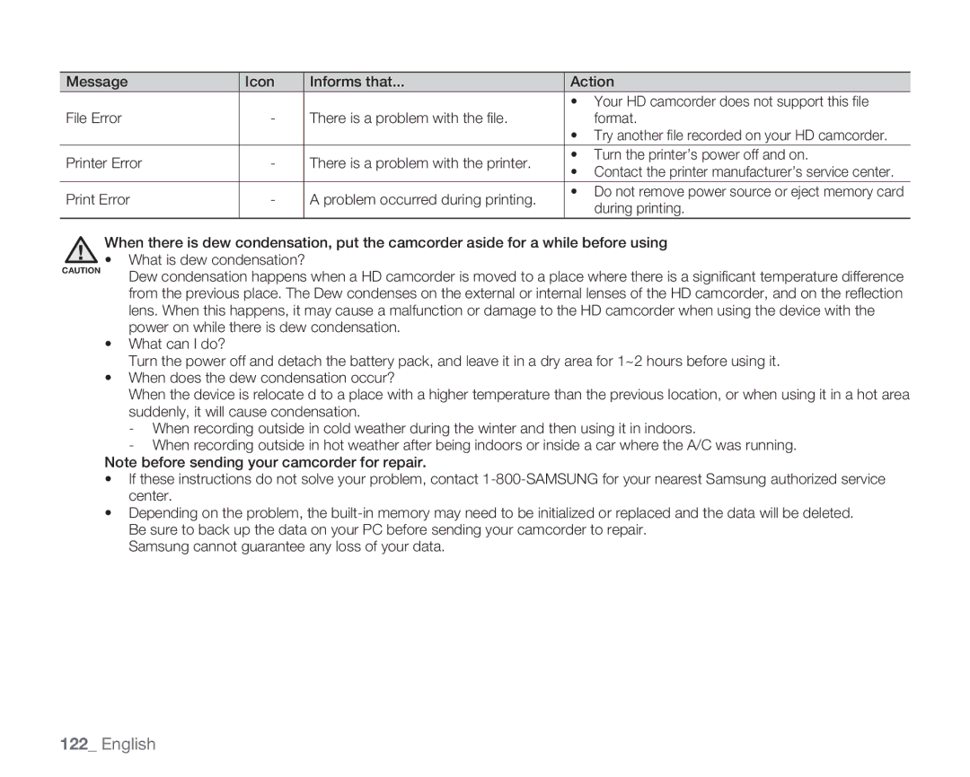 Samsung HMX-H106SN/XAA manual Print Error Problem occurred during printing 