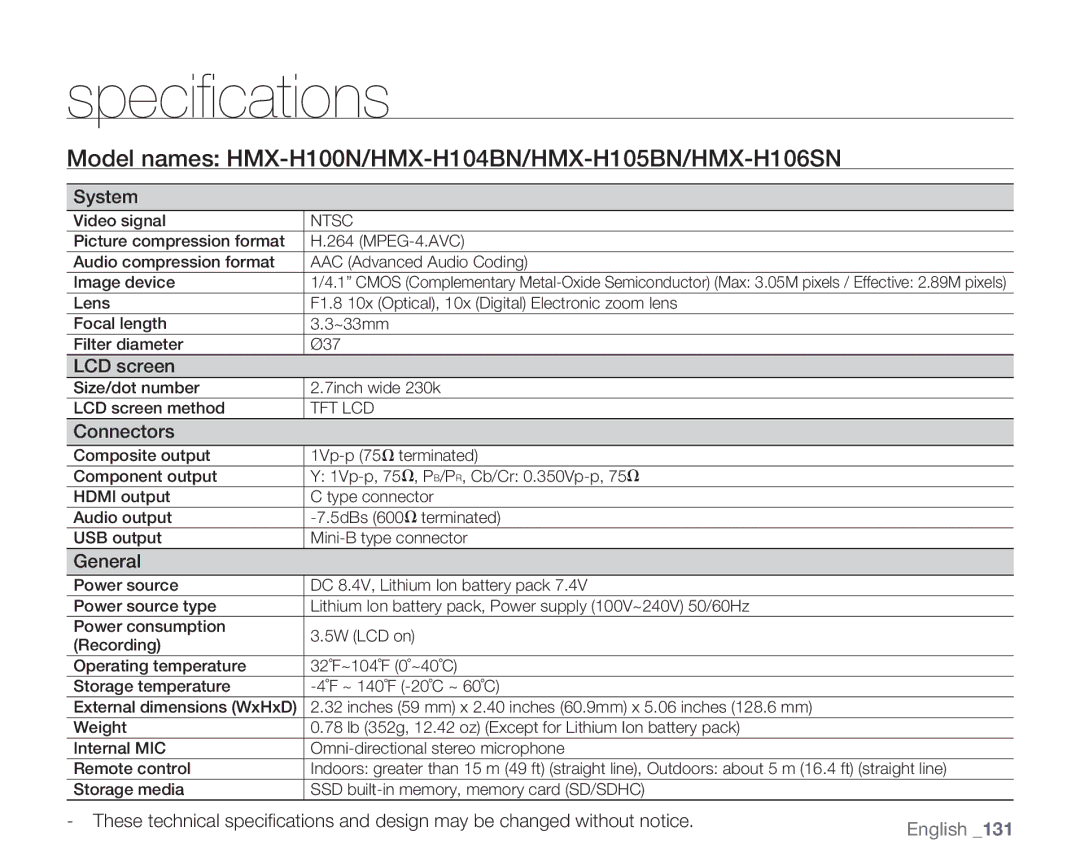 Samsung HMX-H106SN/XAA manual Specifications, Model names HMX-H100N/HMX-H104BN/HMX-H105BN/HMX-H106SN 