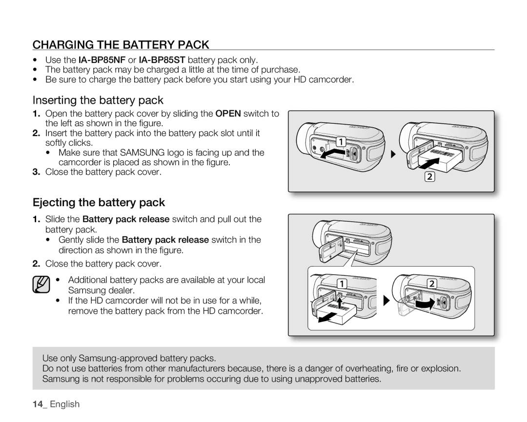 Samsung HMX-H106SN/XAA manual Charging the Battery Pack, Inserting the battery pack, Ejecting the battery pack 