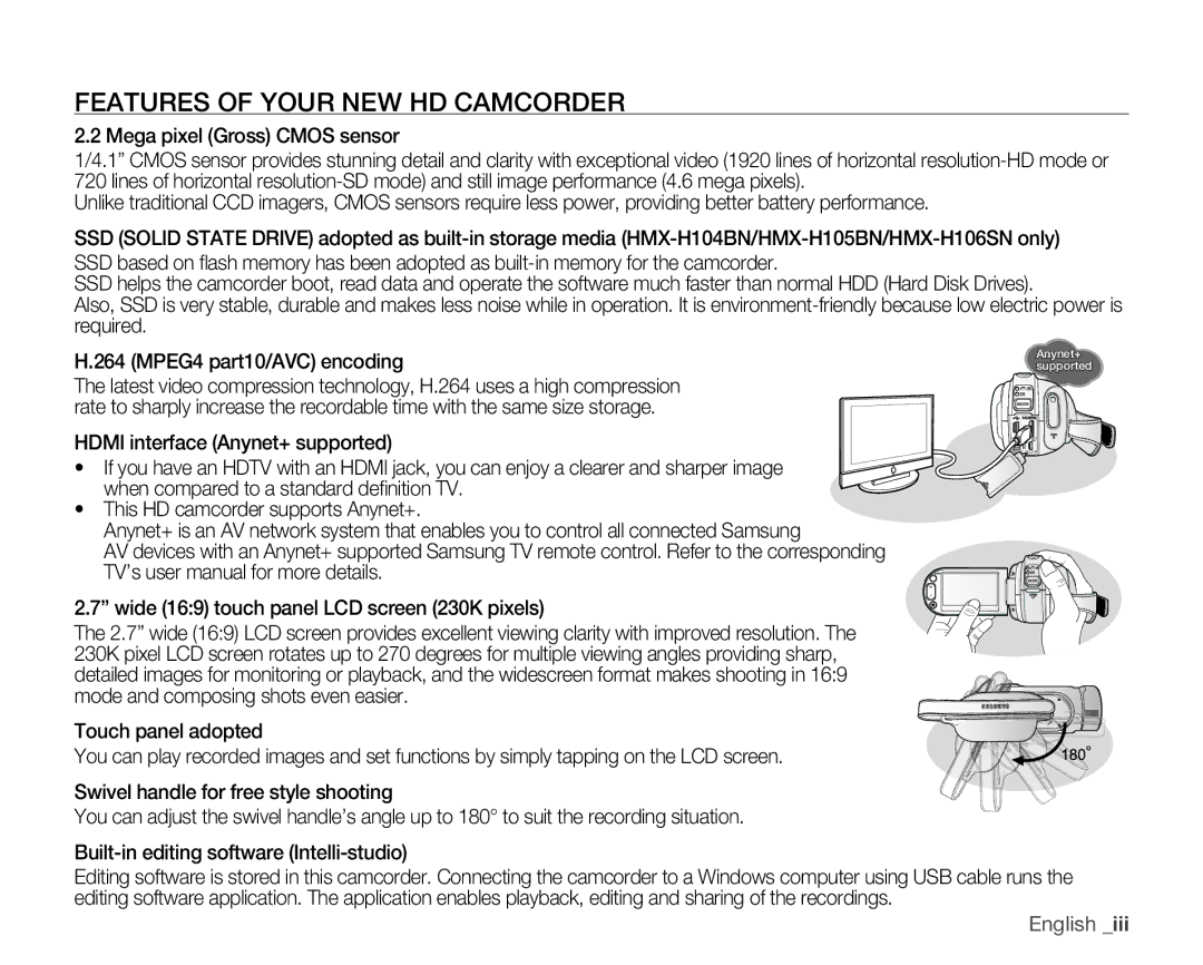 Samsung HMX-H106SN/XAA manual Features of Your NEW HD Camcorder, Mega pixel Gross Cmos sensor 