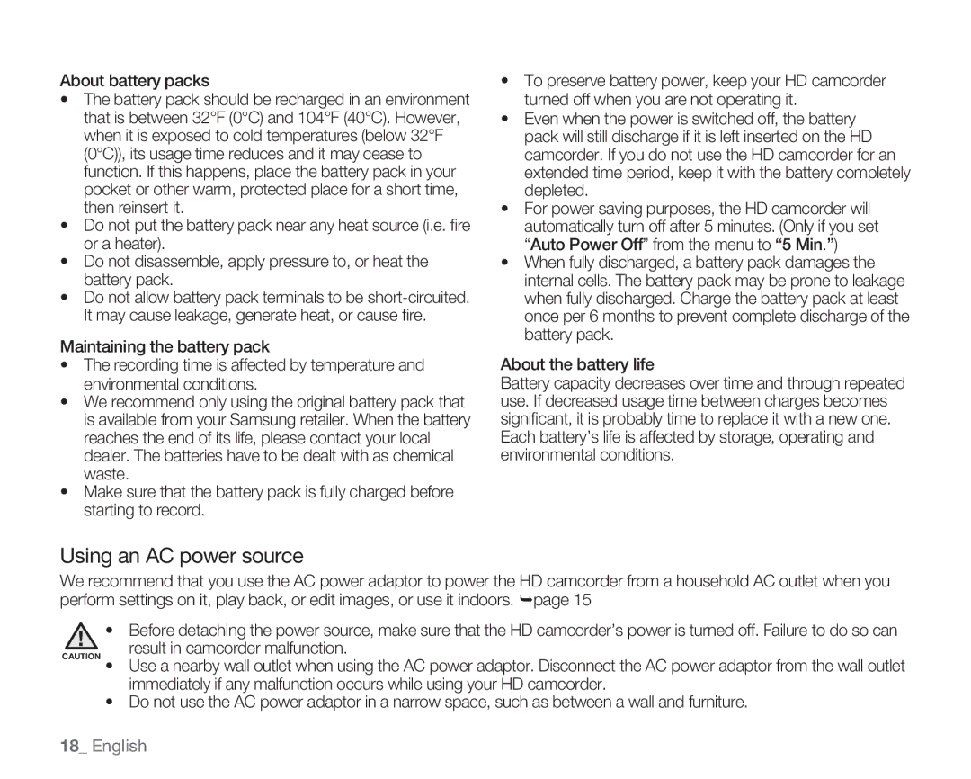 Samsung HMX-H106SN/XAA manual Using an AC power source, About battery packs, Result in camcorder malfunction 