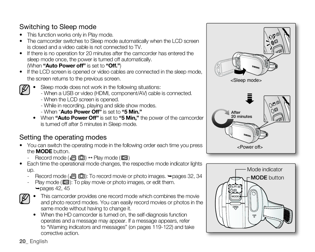 Samsung HMX-H106SN/XAA manual Switching to Sleep mode, Setting the operating modes, Mode indicator Mode button 