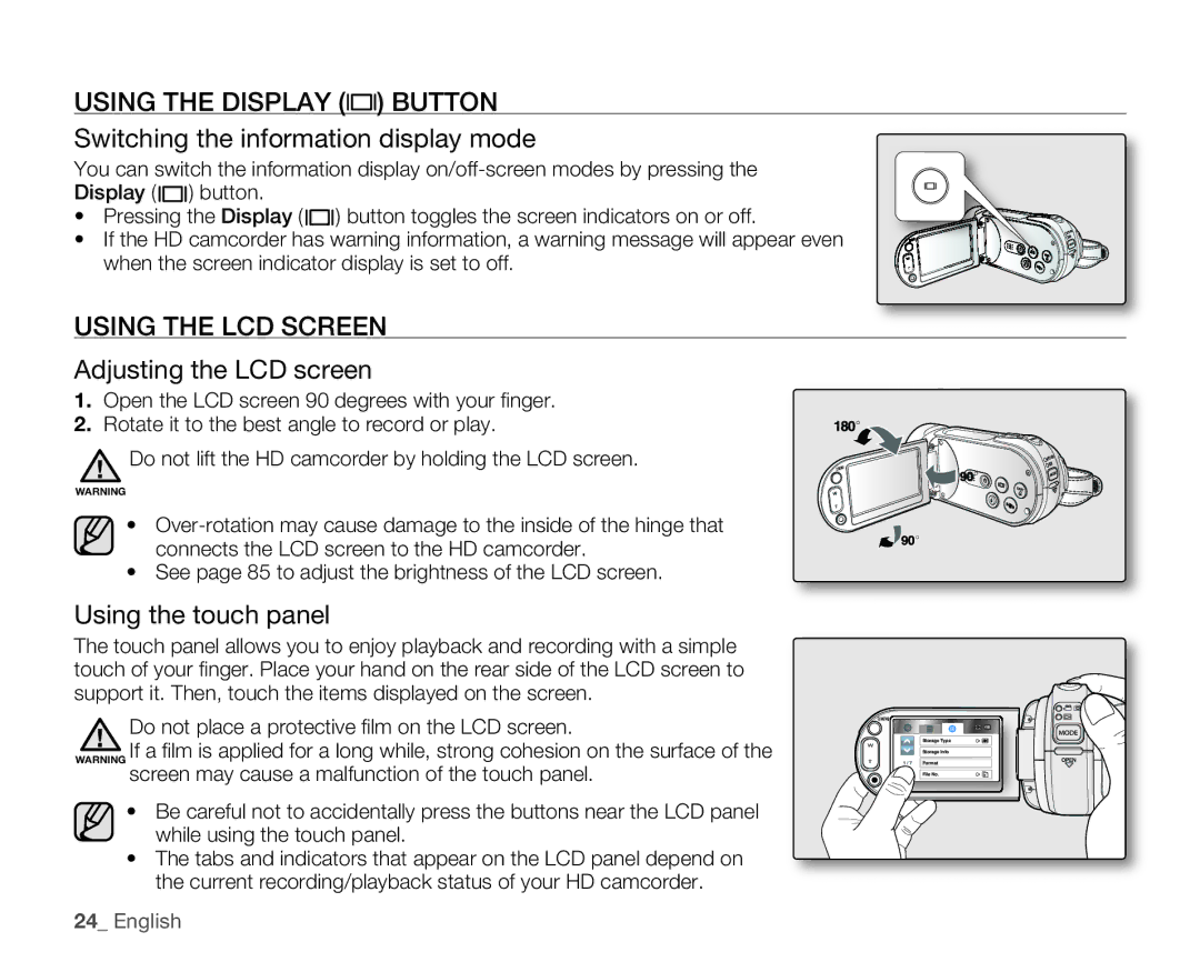 Samsung HMX-H106SN/XAA manual Using the Display Button, Switching the information display mode, Using the LCD Screen 