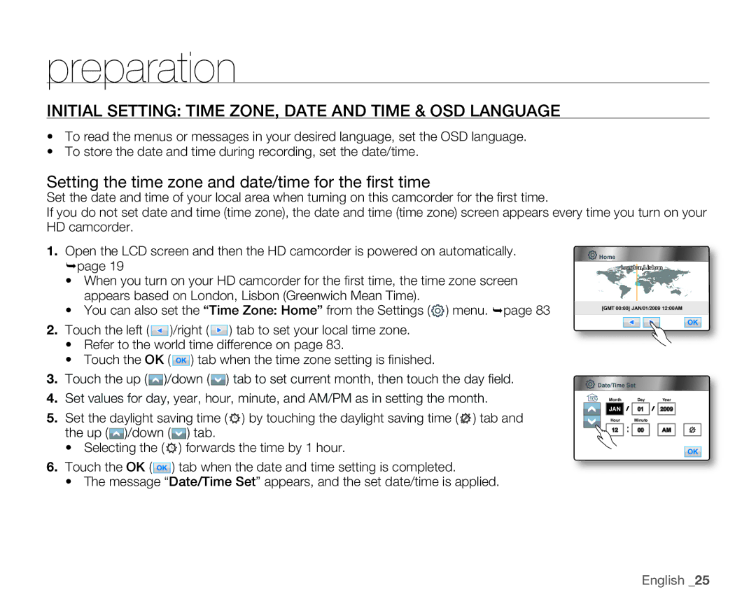 Samsung HMX-H106SN/XAA manual Initial Setting Time ZONE, Date and Time & OSD Language 