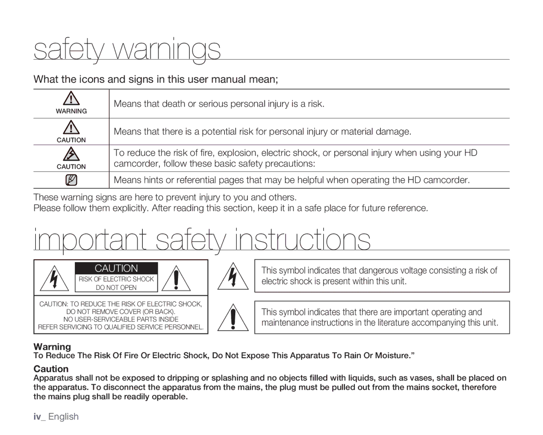 Samsung HMX-H106SN/XAA Safety warnings, Important safety instructions, Camcorder, follow these basic safety precautions 