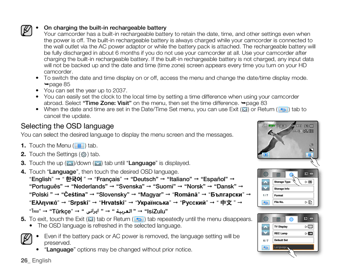 Samsung HMX-H106SN/XAA manual Selecting the OSD language, ไทย  Türkçe    IsiZulu 