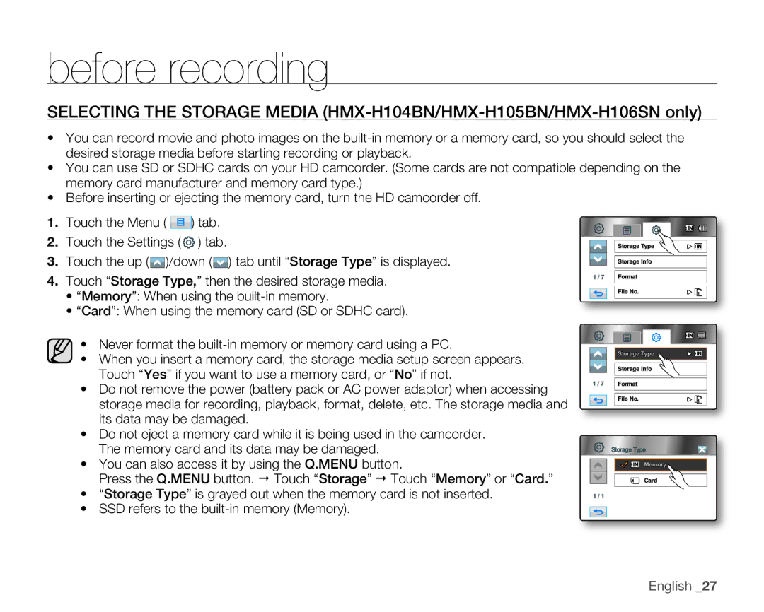 Samsung HMX-H106SN/XAA manual Before recording 