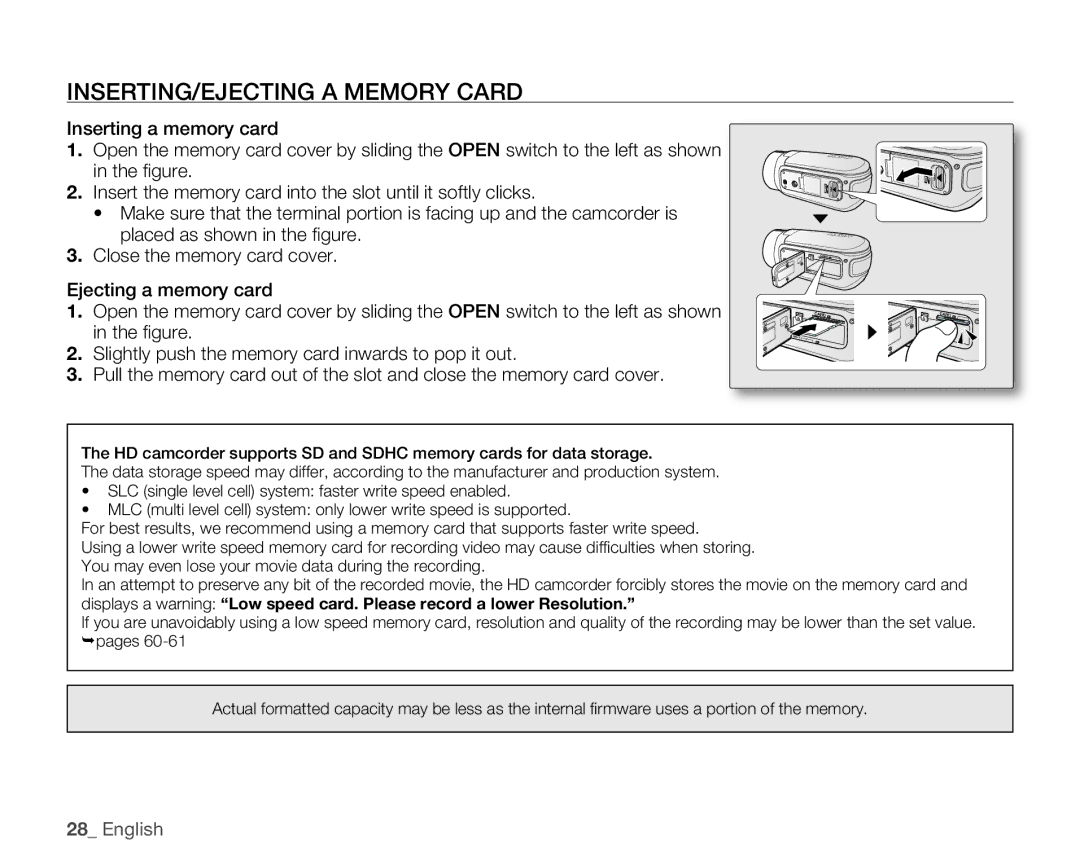 Samsung HMX-H106SN/XAA manual INSERTING/EJECTING a Memory Card 