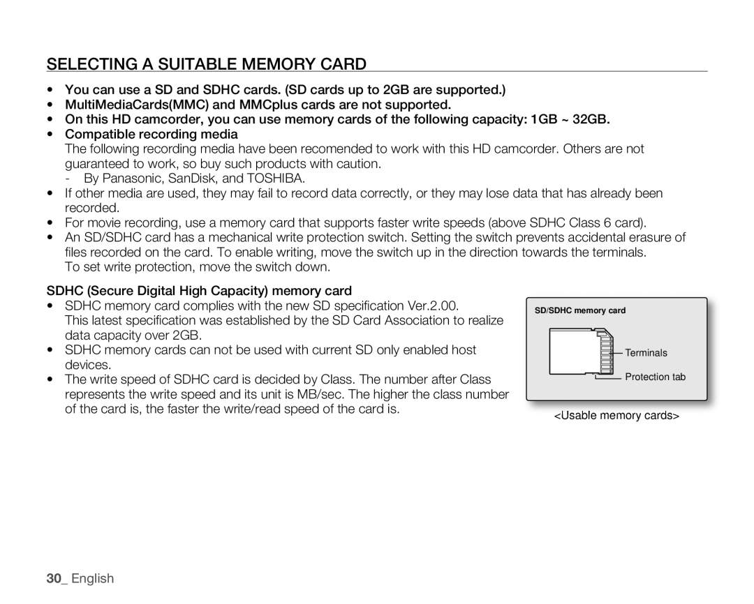 Samsung HMX-H106SN/XAA manual Selecting a Suitable Memory Card 