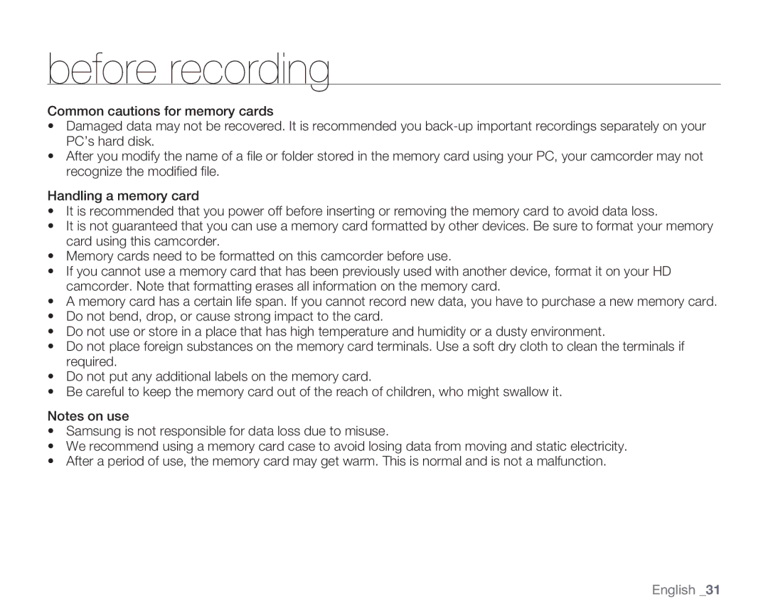 Samsung HMX-H106SN/XAA manual Before recording 