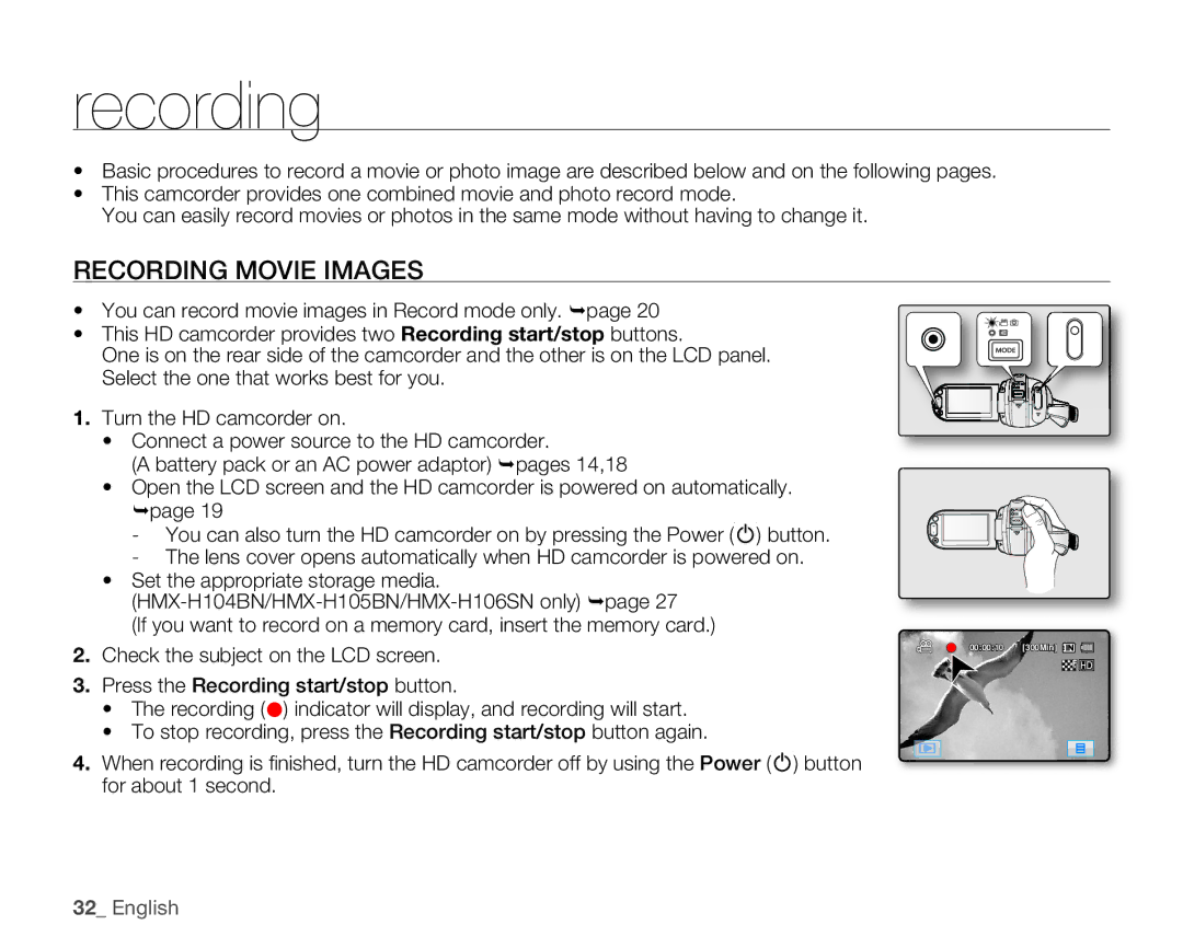 Samsung HMX-H106SN/XAA manual Recording Movie Images 