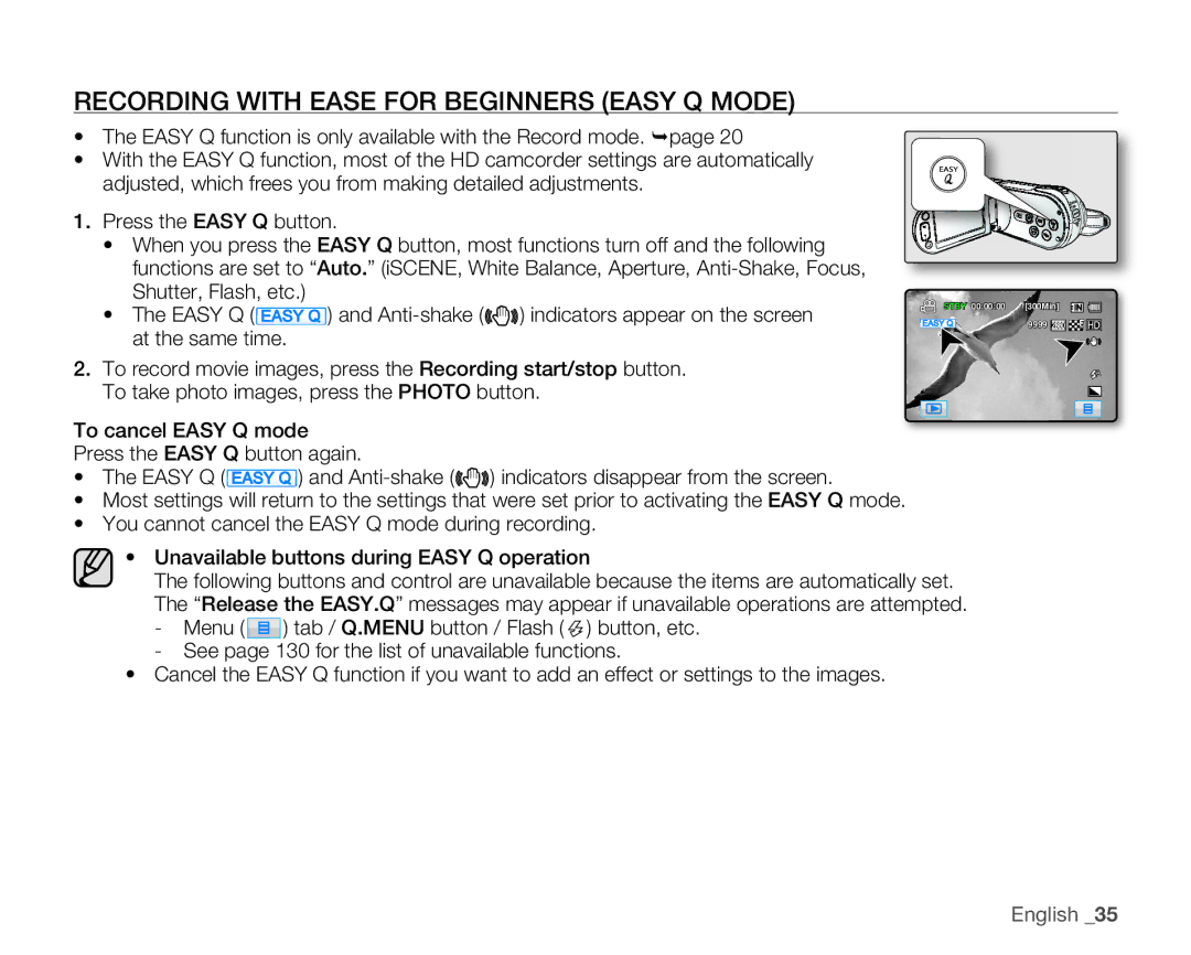 Samsung HMX-H106SN/XAA manual Recording with Ease for Beginners Easy Q Mode 