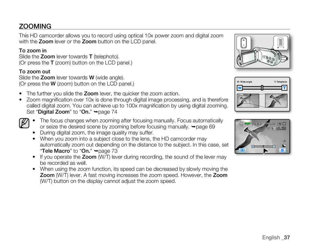 Samsung HMX-H106SN/XAA manual Zooming 