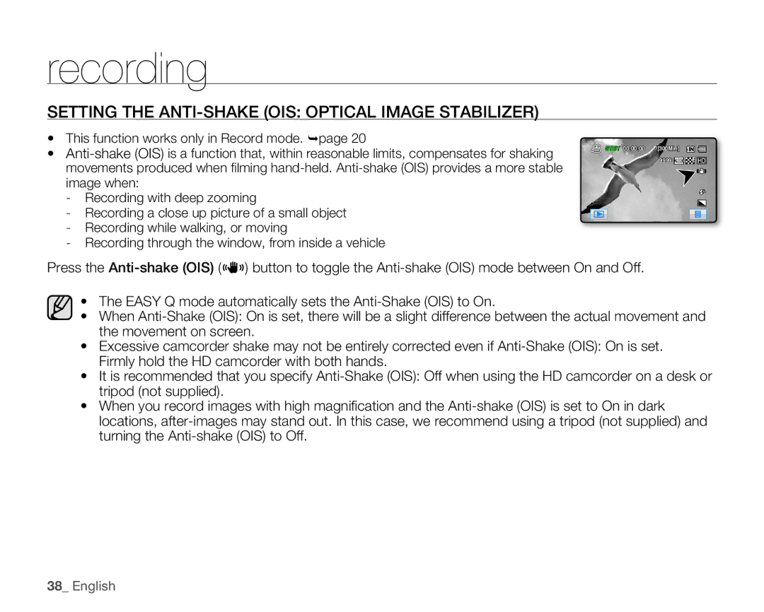 Samsung HMX-H106SN/XAA manual Setting the ANTI-SHAKE OIS Optical Image Stabilizer 