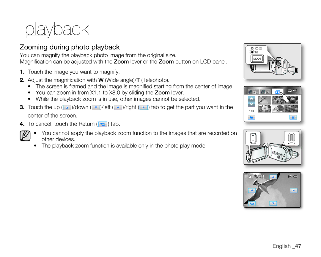 Samsung HMX-H106SN/XAA manual Zooming during photo playback 