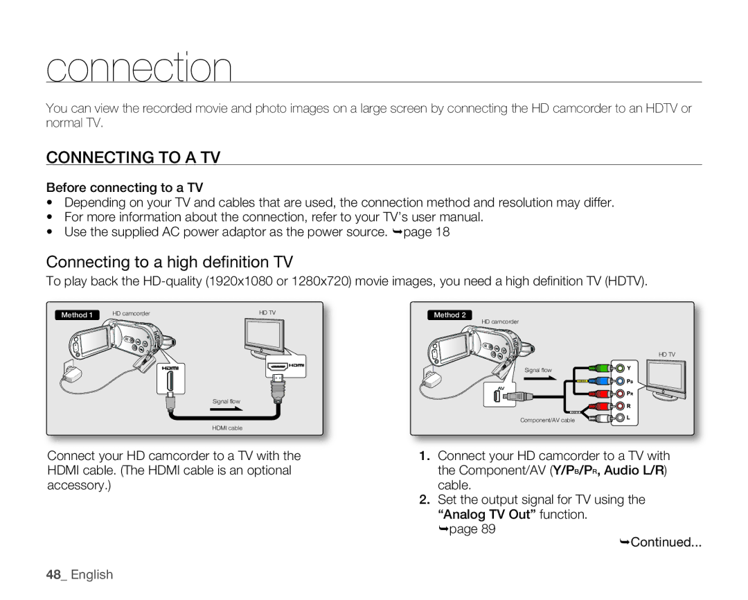 Samsung HMX-H106SN/XAA manual Connection, Connecting to a TV, Connecting to a high deﬁ nition TV 