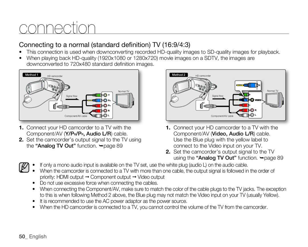 Samsung HMX-H106SN/XAA manual Connecting to a normal standard deﬁ nition TV 169/43 