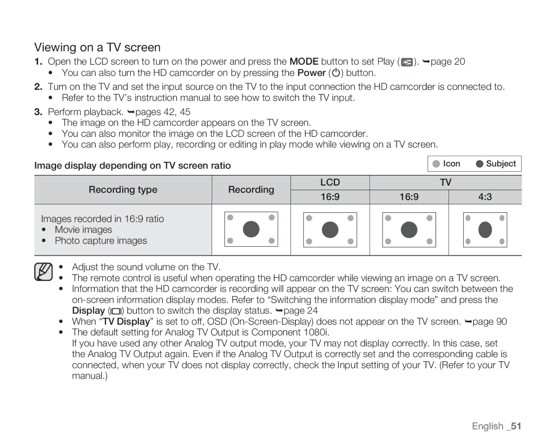 Samsung HMX-H106SN/XAA manual Viewing on a TV screen, Recording type 