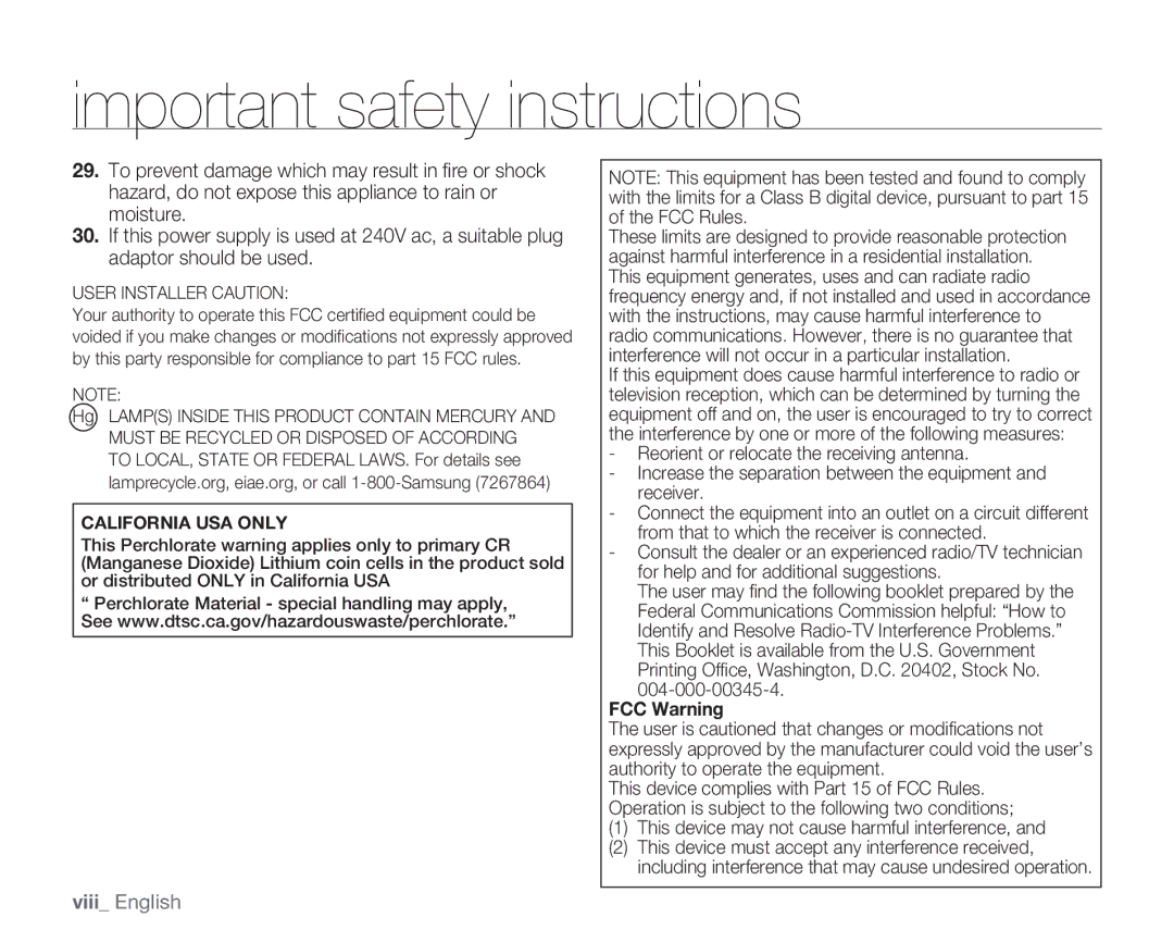 Samsung HMX-H106SN/XAA manual Viii English 