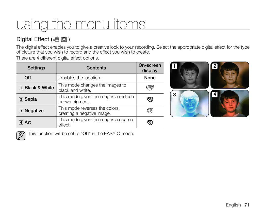 Samsung HMX-H106SN/XAA manual Digital Effect 