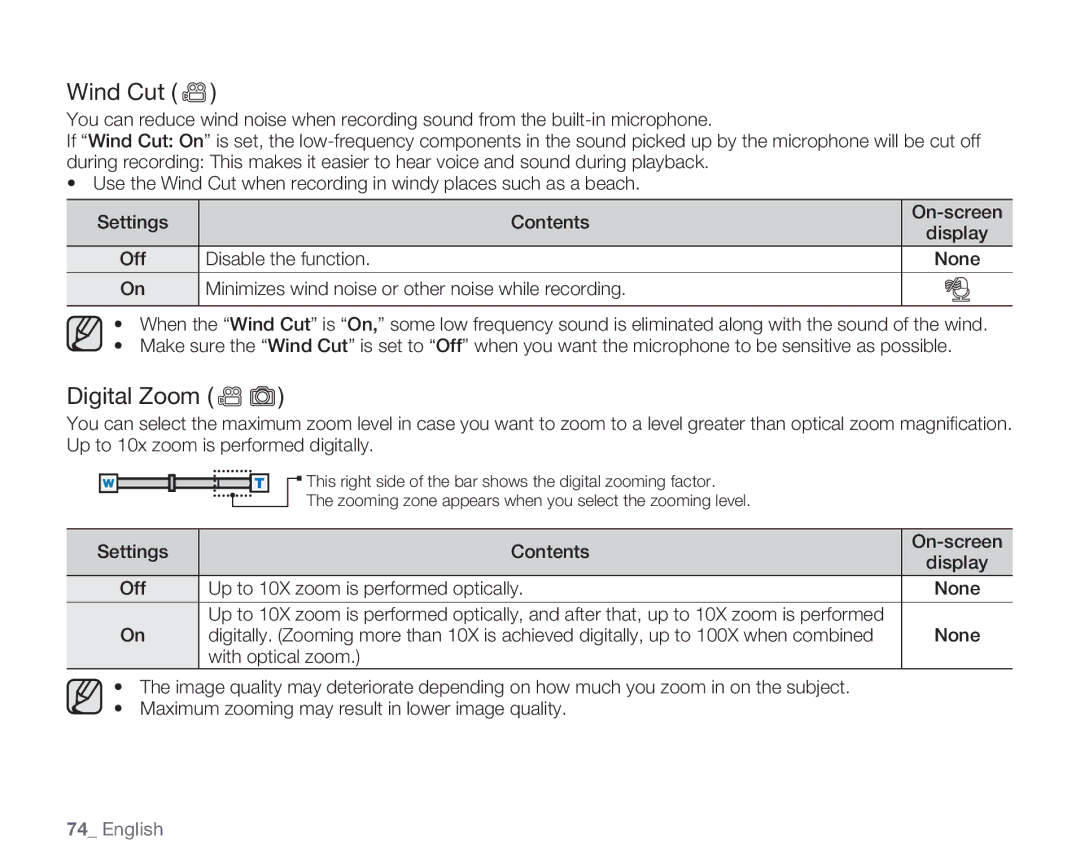 Samsung HMX-H106SN/XAA manual Wind Cut, Digital Zoom, Disable the function, Up to 10X zoom is performed optically None 