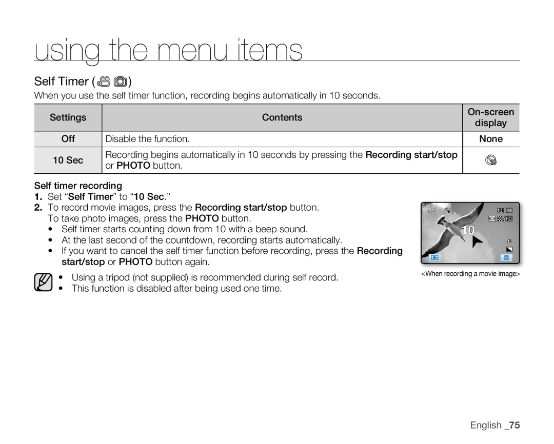 Samsung HMX-H106SN/XAA manual Self Timer 