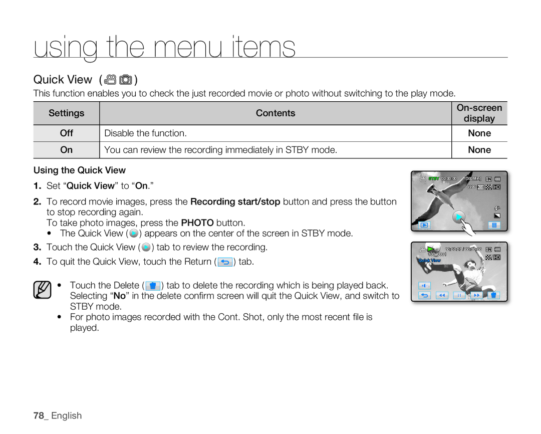 Samsung HMX-H106SN/XAA manual Using the menu items, Quick View 