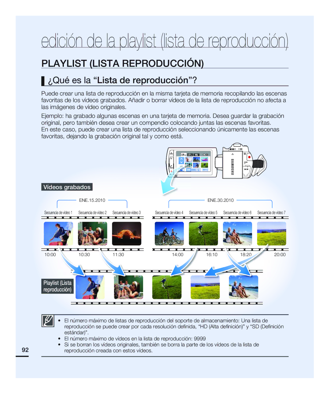 Samsung HMX-H200BN/XAA manual Playlist Lista Reproducción, ¿Qué es la Lista de reproducción?, Vídeos grabados 