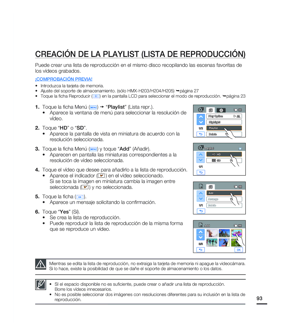 Samsung HMX-H200BN/XAA manual Creación DE LA Playlist Lista DE Reproducción 