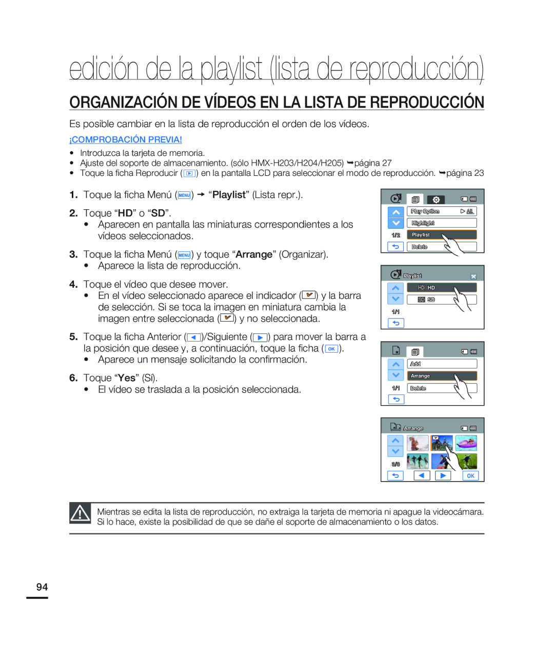 Samsung HMX-H200BN/XAA manual Organización DE Vídeos EN LA Lista DE Reproducción 