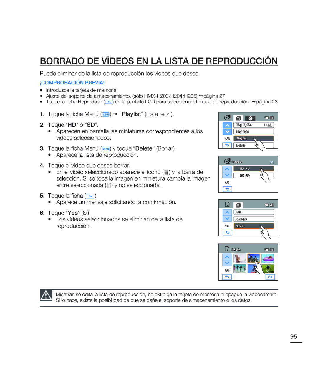 Samsung HMX-H200BN/XAA manual Borrado DE Vídeos EN LA Lista DE Reproducción 