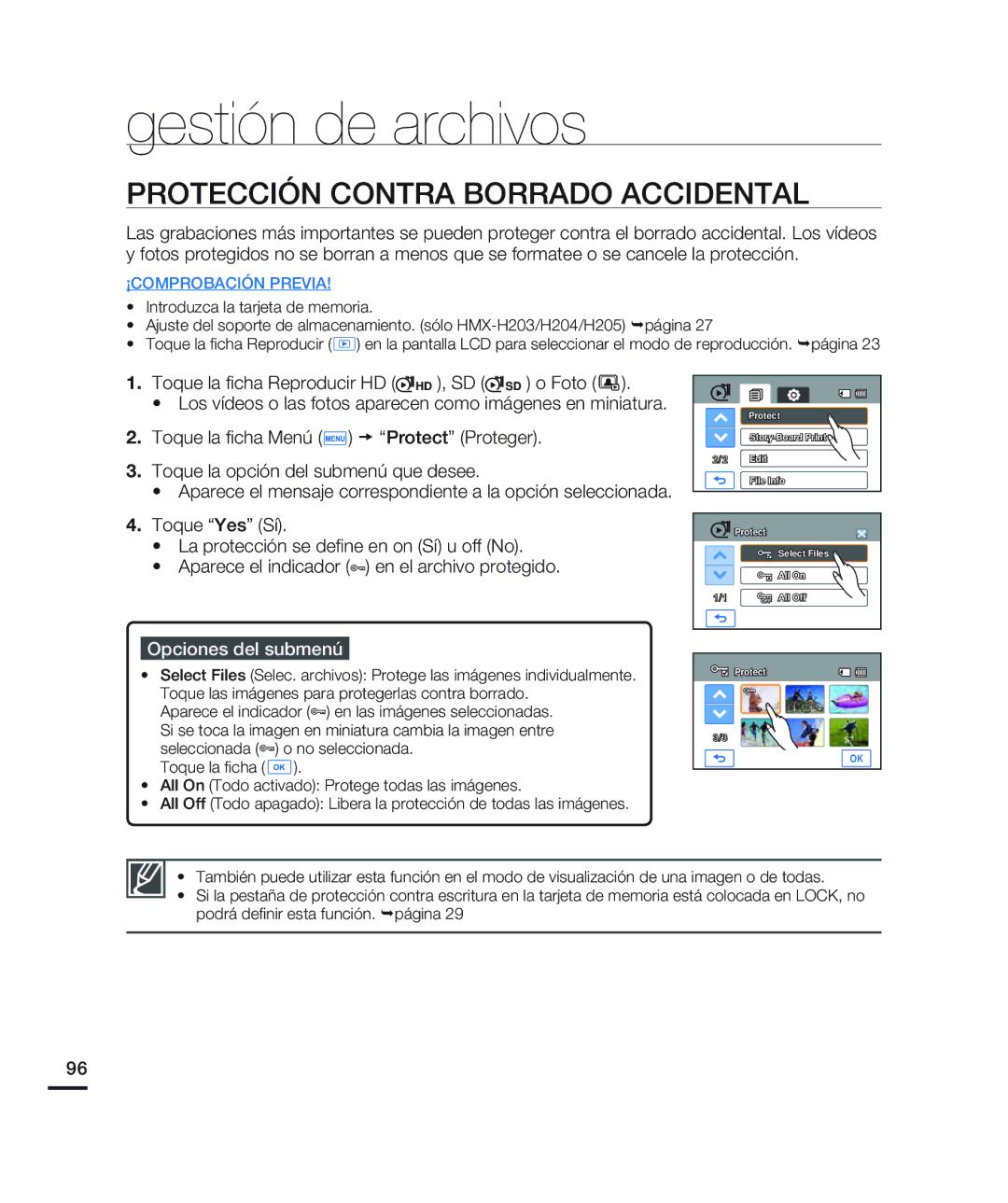 Samsung HMX-H200BN/XAA manual Gestión de archivos, Protección Contra Borrado Accidental 