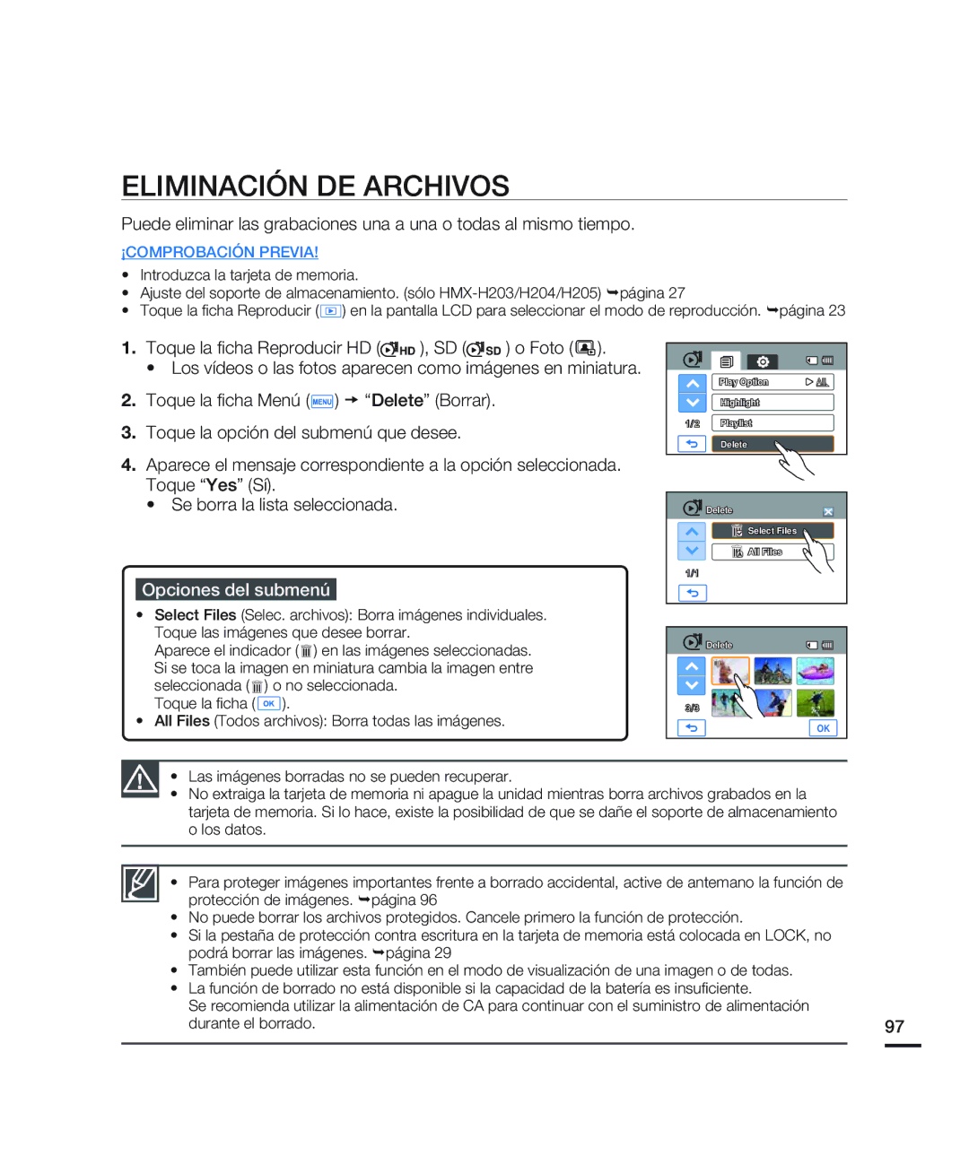 Samsung HMX-H200BN/XAA manual Eliminación DE Archivos 