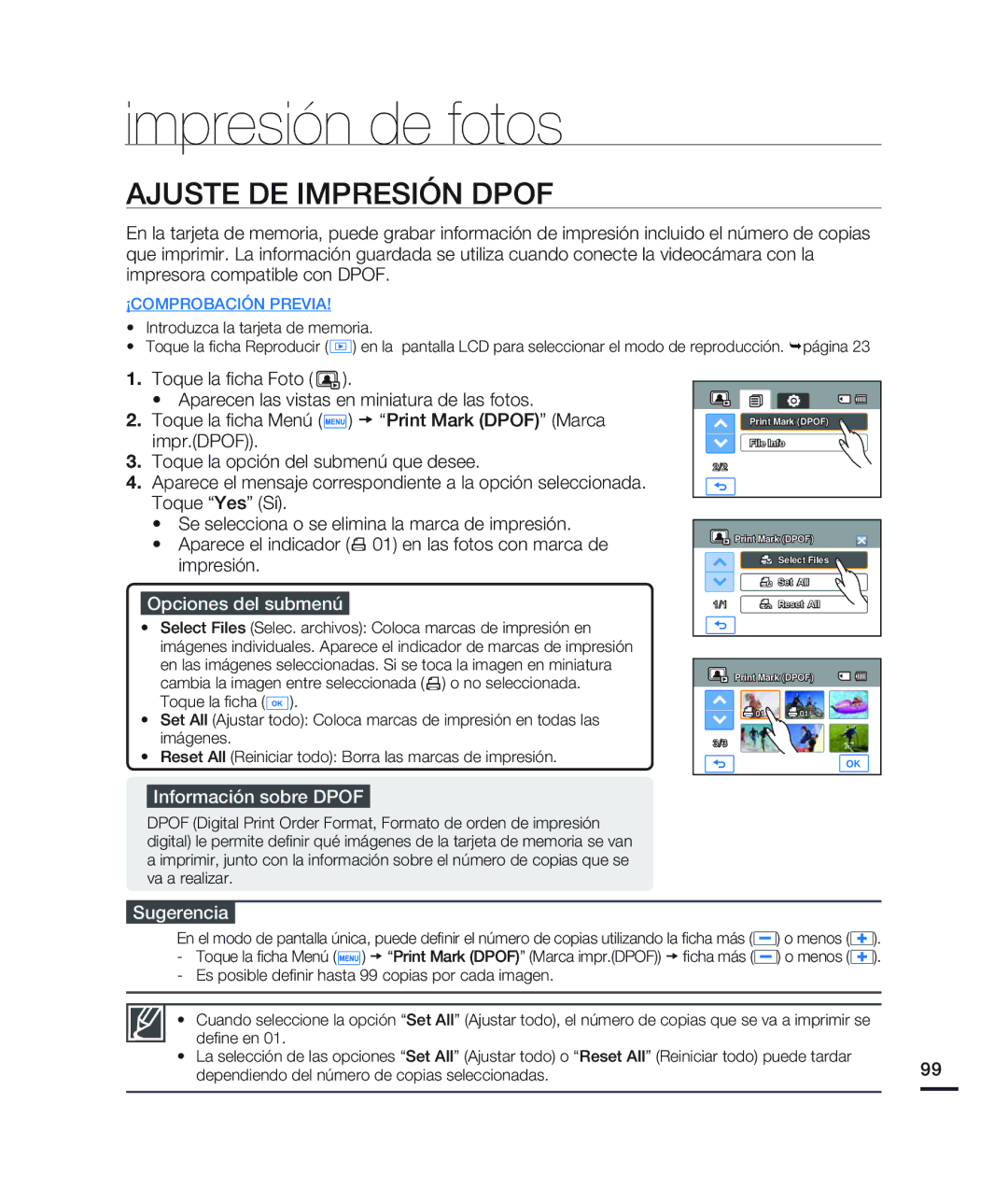 Samsung HMX-H200BN/XAA manual Impresión de fotos, Ajuste DE Impresión Dpof, Información sobre Dpof 