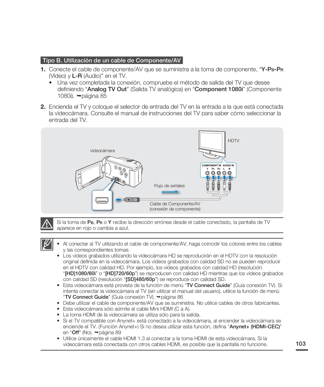 Samsung HMX-H200BN/XAA manual Tipo B. Utilización de un cable de Componente/AV, 103 