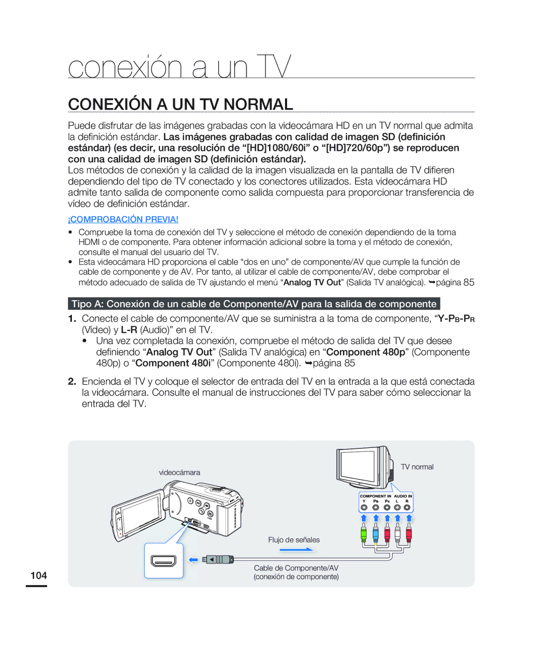 Samsung HMX-H200BN/XAA manual Conexión a UN TV Normal, 104 