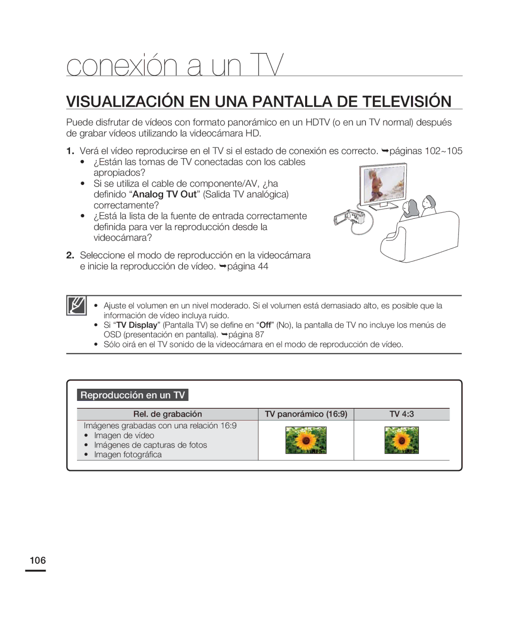 Samsung HMX-H200BN/XAA manual Visualización EN UNA Pantalla DE Televisión, Reproducción en un TV, 106 