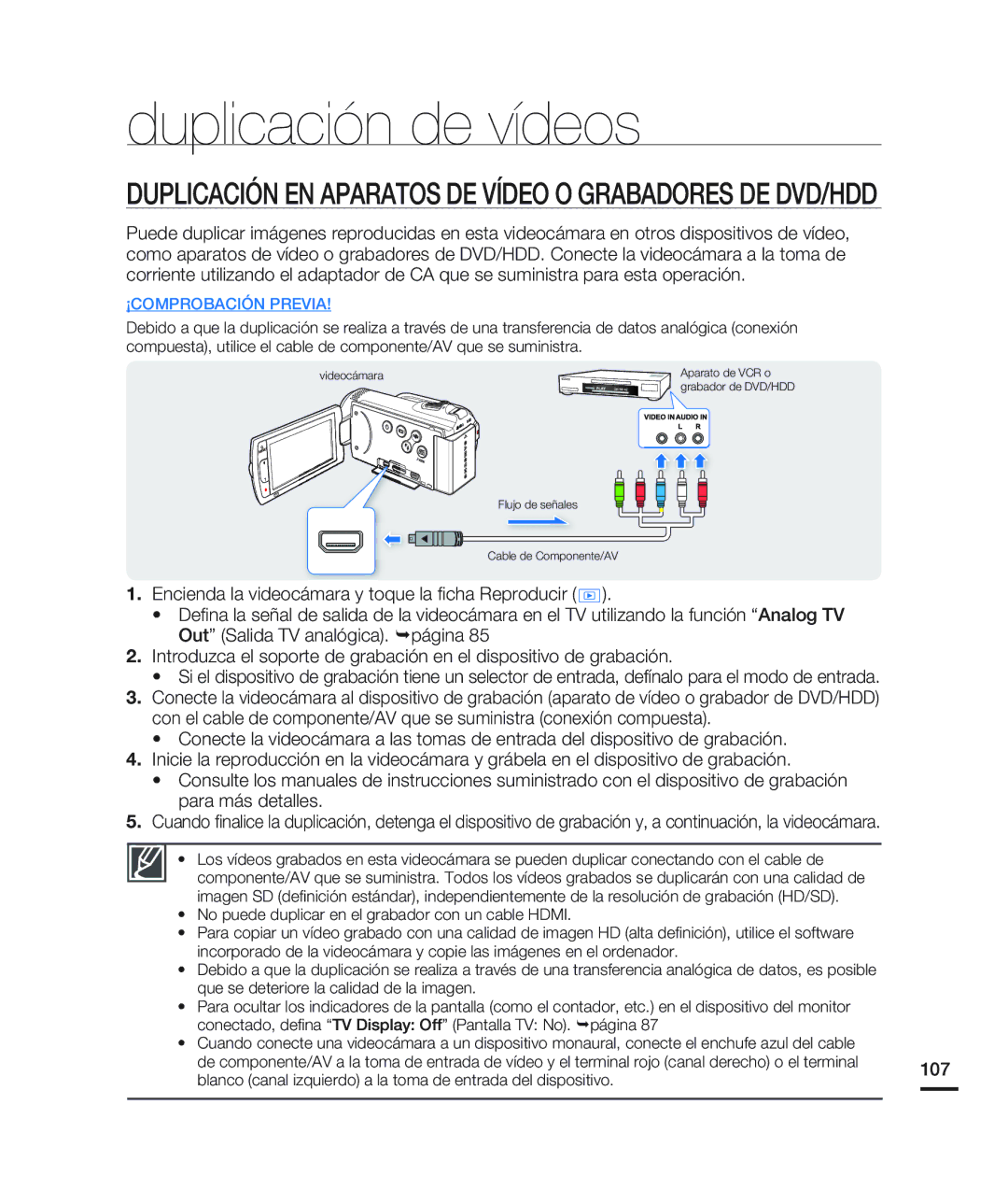 Samsung HMX-H200BN/XAA manual Duplicación de vídeos, 107, Blanco canal izquierdo a la toma de entrada del dispositivo 