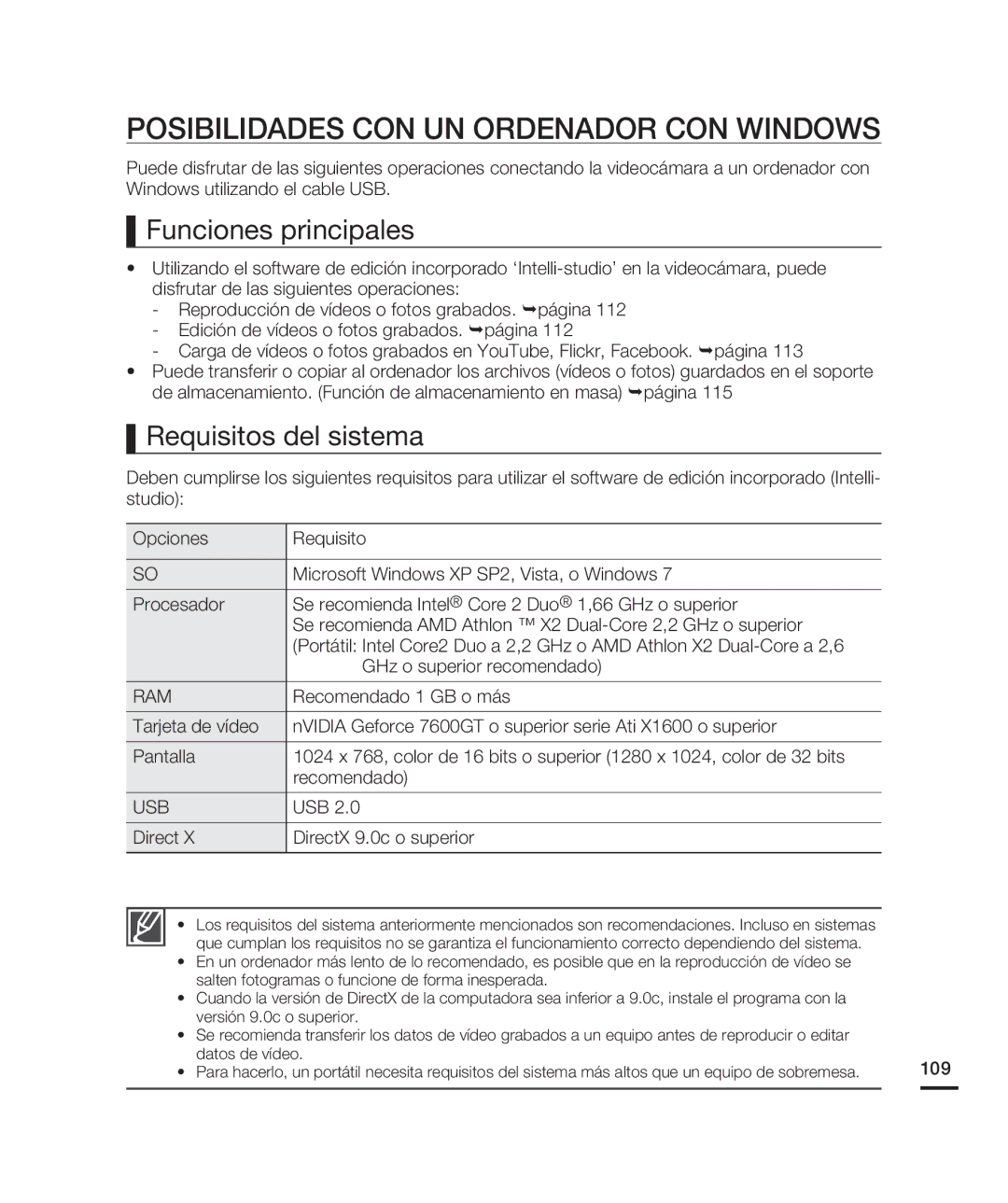 Samsung HMX-H200BN/XAA manual Posibilidades CON UN Ordenador CON Windows, Funciones principales, Requisitos del sistema 