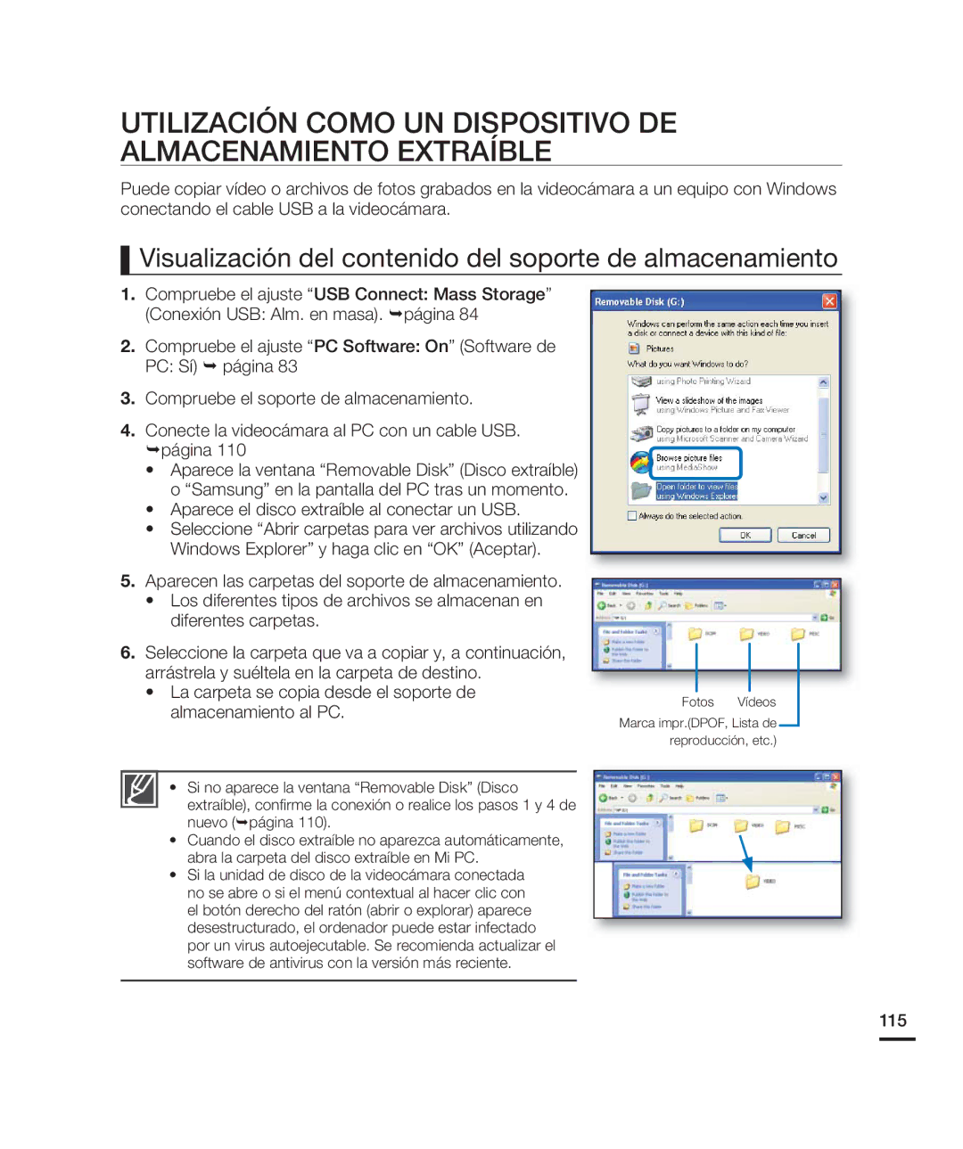 Samsung HMX-H200BN/XAA manual Utilización Como UN Dispositivo DE Almacenamiento Extraíble, 115 