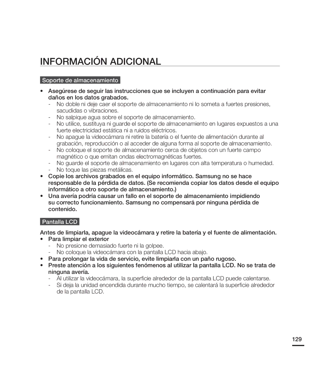 Samsung HMX-H200BN/XAA manual Información Adicional, Soporte de almacenamiento, Pantalla LCD 