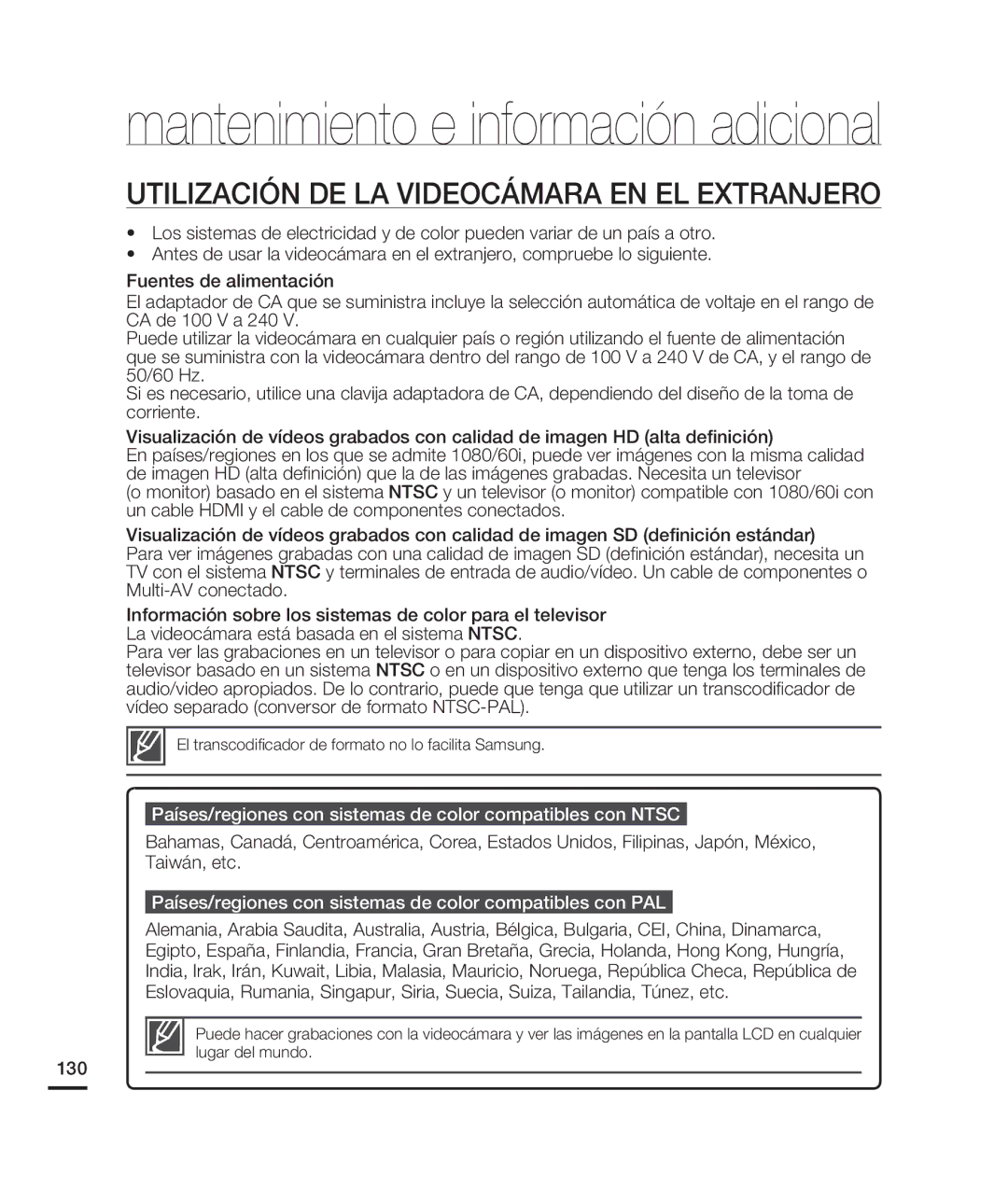 Samsung HMX-H200BN/XAA manual Utilización DE LA Videocámara EN EL Extranjero, 130 