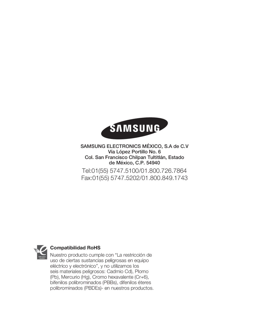 Samsung HMX-H200BN/XAA manual Compatibilidad RoHS 