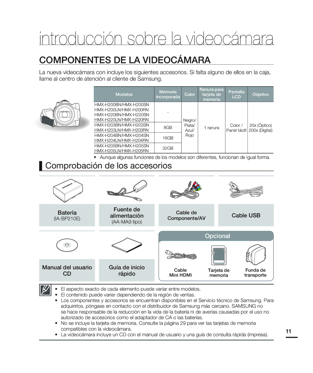 Samsung HMX-H200BN/XAA manual Componentes DE LA Videocámara, Comprobación de los accesorios, Opcional 