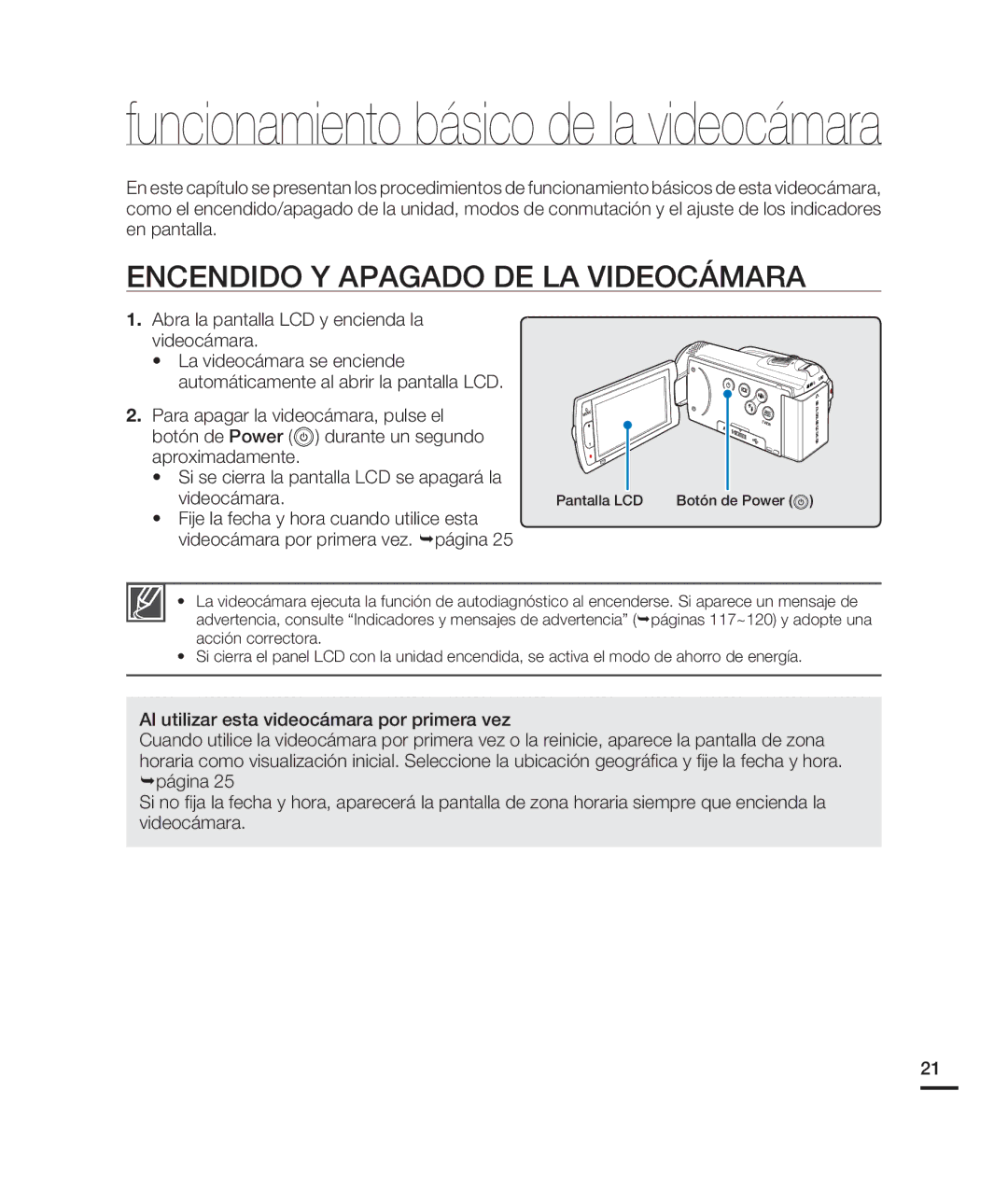 Samsung HMX-H200BN/XAA manual Funcionamiento básico de la videocámara, Encendido Y Apagado DE LA Videocámara 