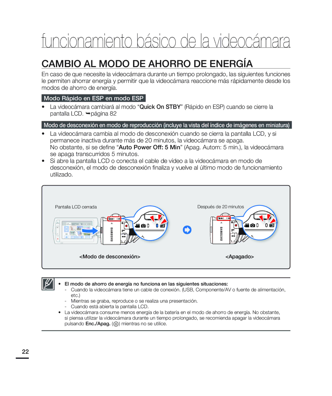 Samsung HMX-H200BN/XAA manual Cambio AL Modo DE Ahorro DE Energía, Modo Rápido en ESP en modo ESP 