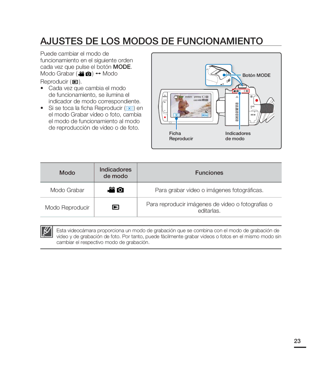 Samsung HMX-H200BN/XAA manual Ajustes DE LOS Modos DE Funcionamiento, Modo Grabar ↔ Modo Reproducir 