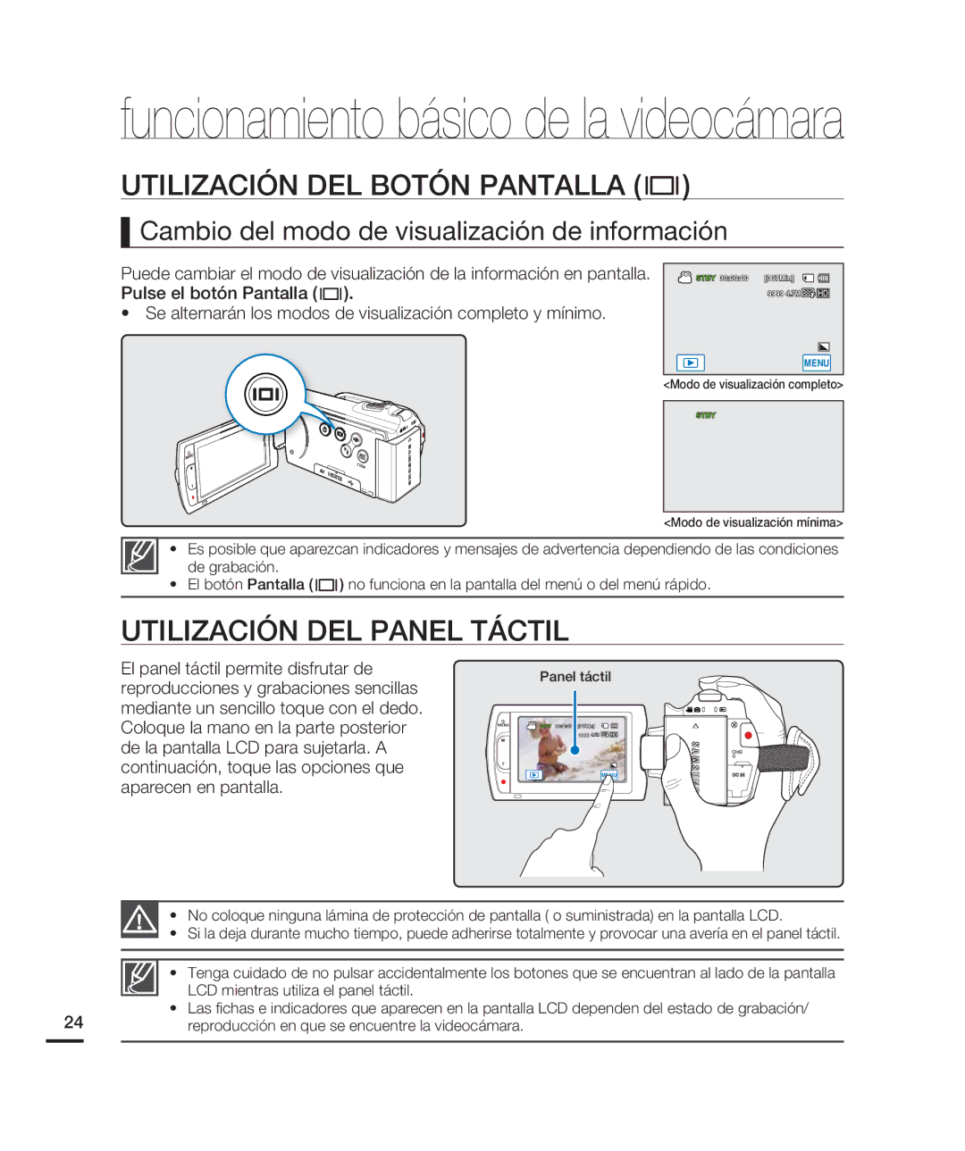 Samsung HMX-H200BN/XAA manual Utilización DEL Botón Pantalla, Utilización DEL Panel Táctil 