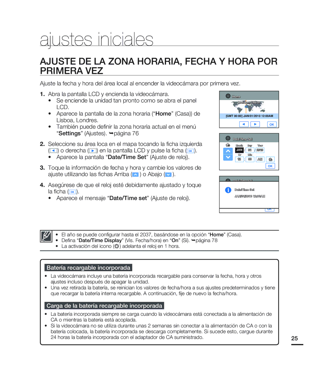 Samsung HMX-H200BN/XAA manual Ajustes iniciales, Ajuste DE LA Zona HORARIA, Fecha Y Hora POR Primera VEZ 