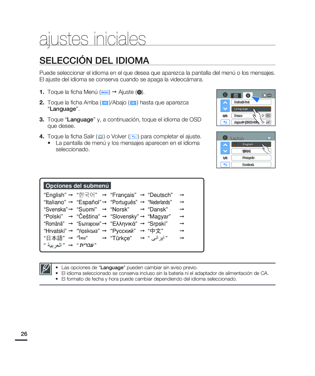 Samsung HMX-H200BN/XAA manual Selección DEL Idioma, Š ไทย Š Türkçe 